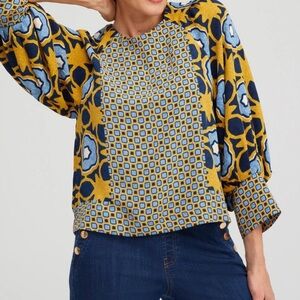 Yellow and Blue Geometric 3/4 Sleeve Blouse